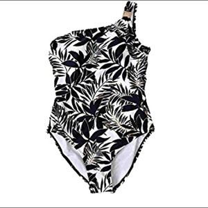 Black White Tropical Palm One Piece Swimming Suit